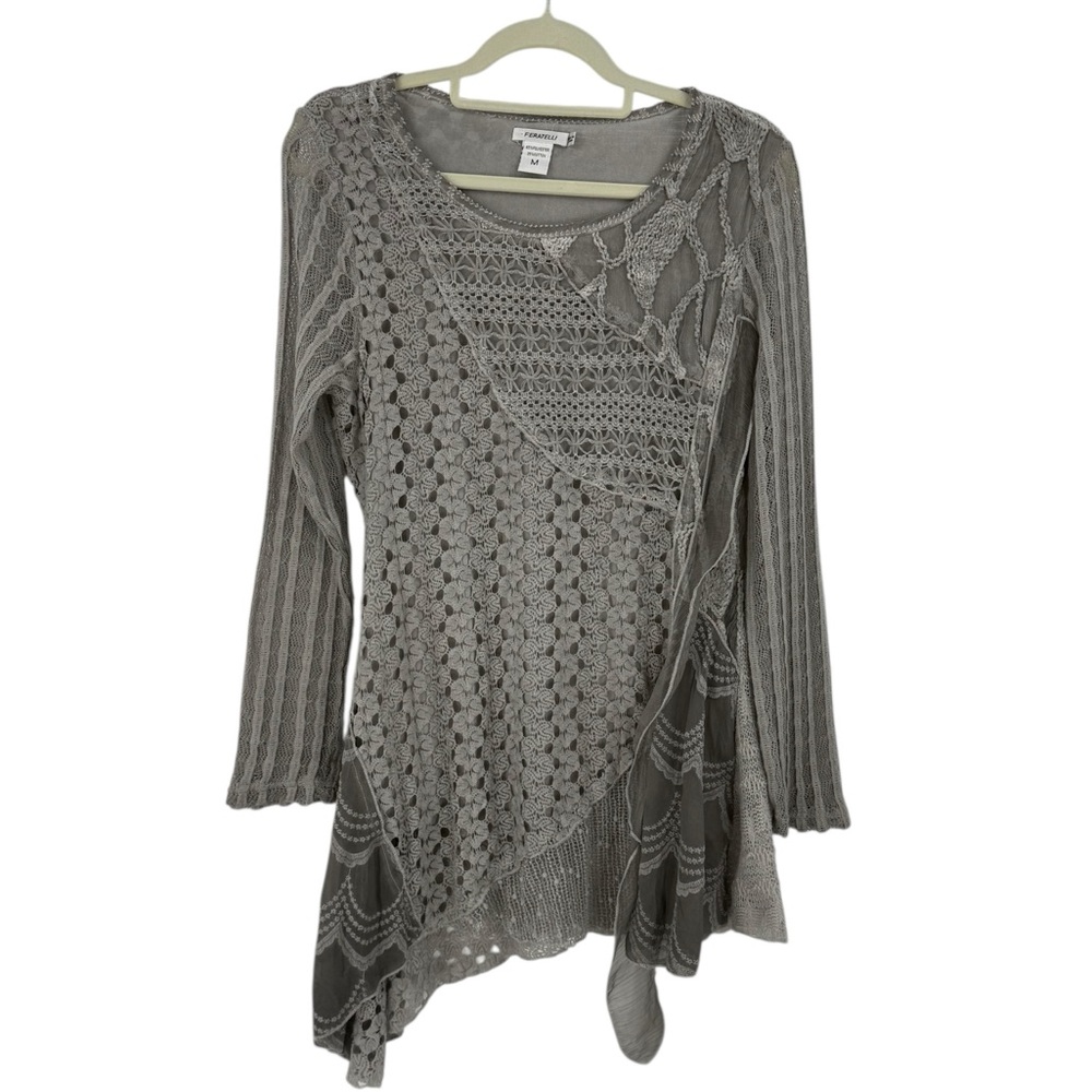 Feratelli Asymmetrical Lace Tunic Gray Patchwork Ribbed Boho Artsy Long Sleeve M